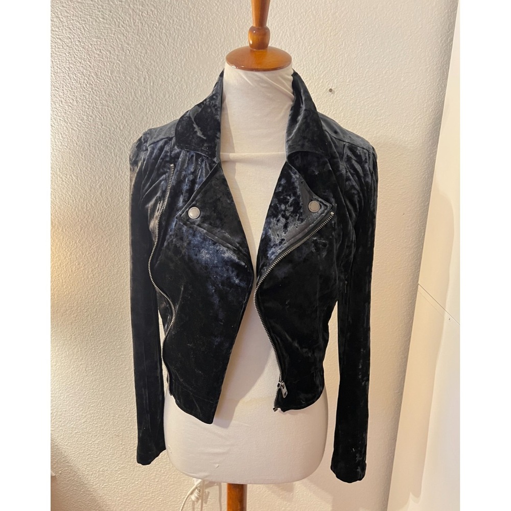 American Eagle Womens Blue Crushed Velvet Moto‎ Jacket XXS Grunge Indie Sleaze